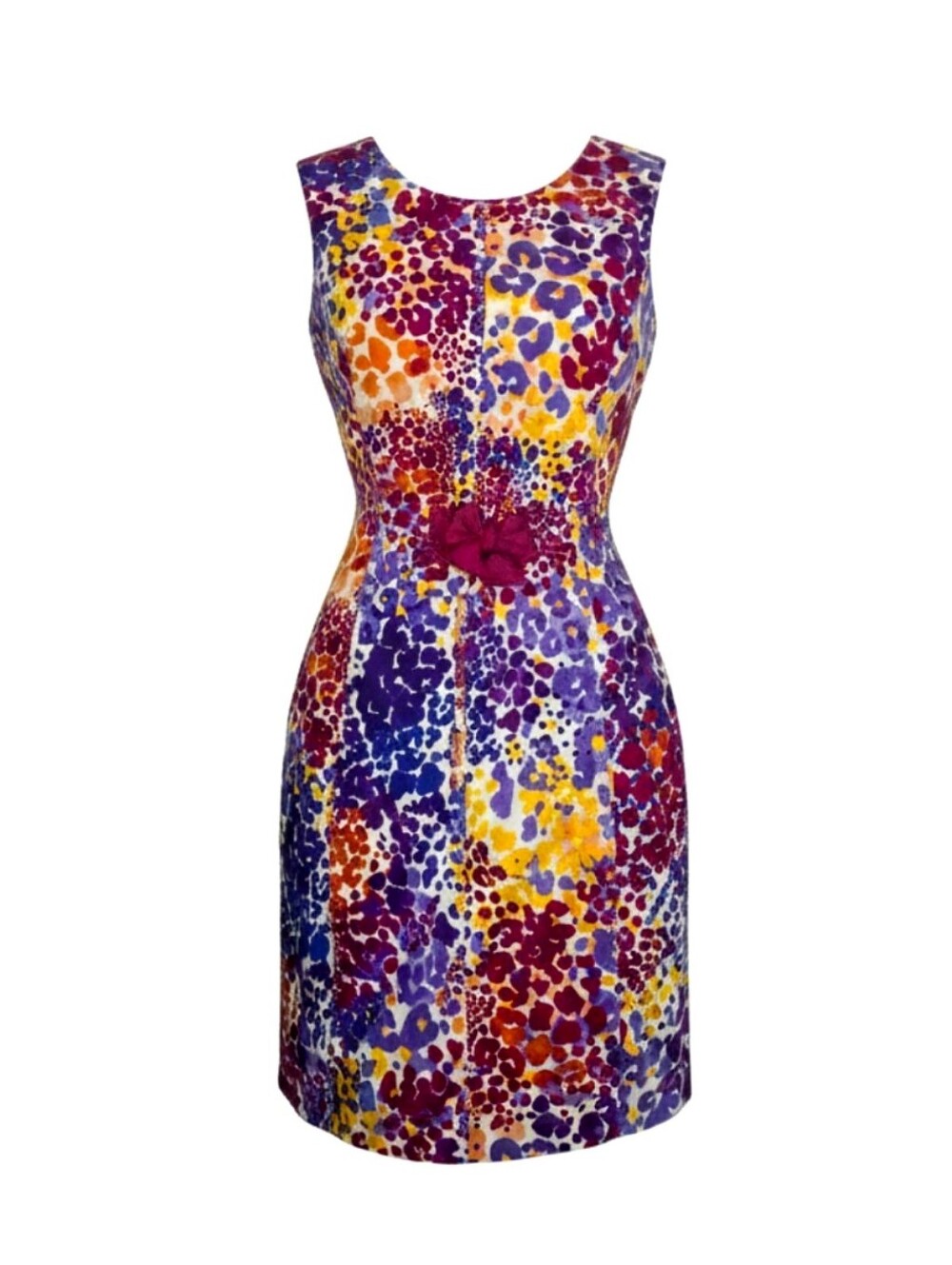 Calvin Klein Sleeveless Multicolor Leopard Print Sheath Dress With Bow Waist